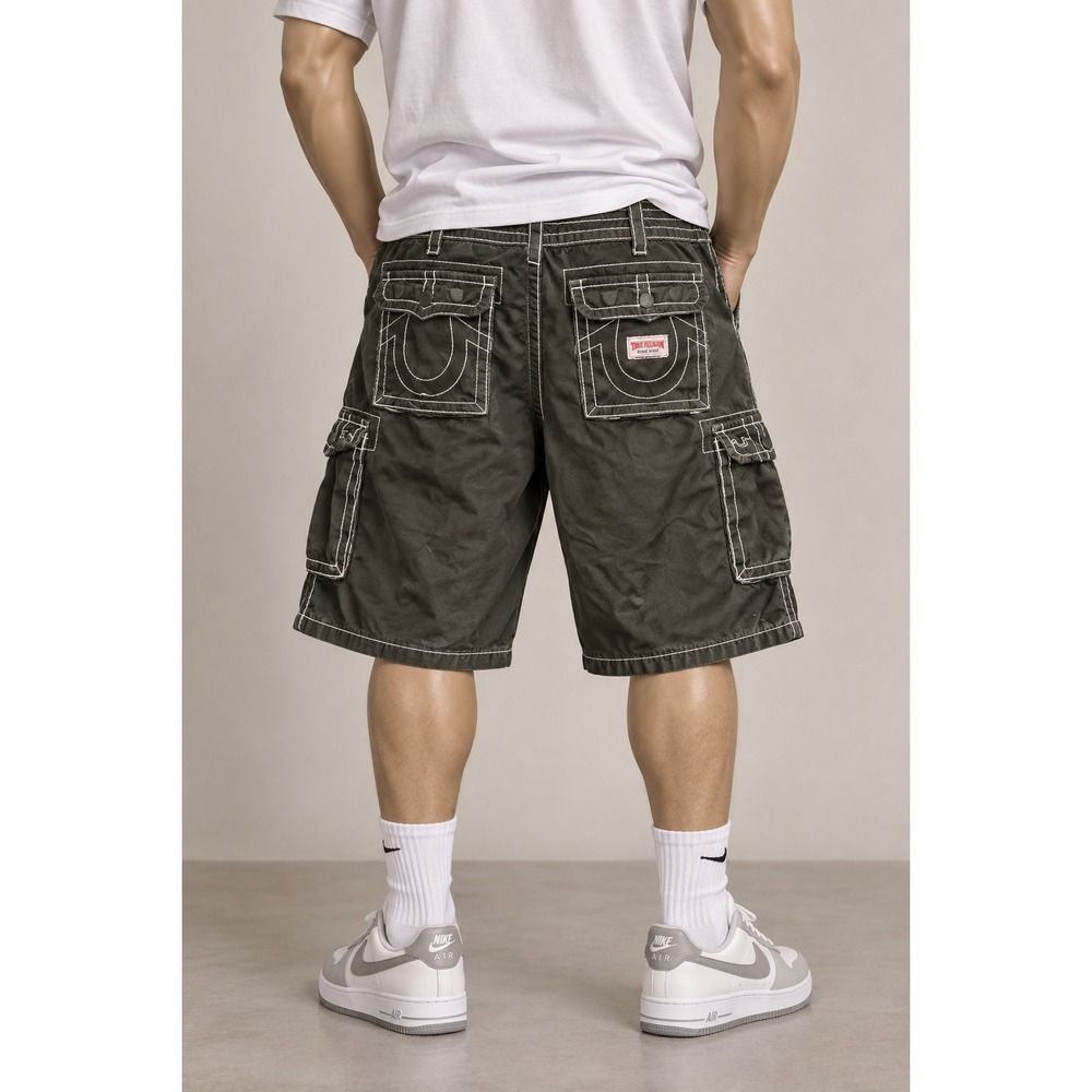 True Religion Mens Olive Green Super T Contrast Stitch Cargo Shorts Size 40 USA